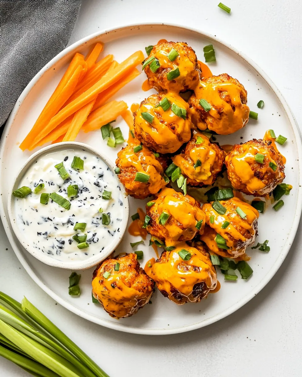 Buffalo Chicken Meatballs with Bleu Cheese Yogurt Dip