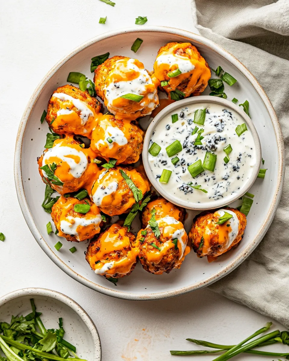 Buffalo Chicken Meatballs with Bleu Cheese Yogurt Dip