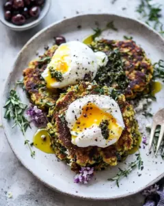 Greek Feta Chickpea Pancake Fritters with Poached Eggs