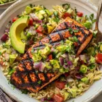 Grilled Salmon with Avocado Greek Salsa and Orzo