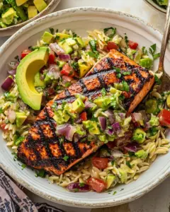 Grilled Salmon with Avocado Greek Salsa and Orzo
