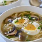Mushroom Chicken Noodle Soup with Poached Eggs