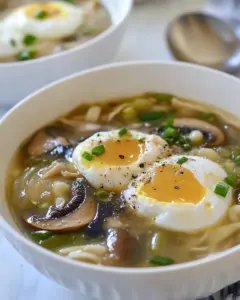 Mushroom Chicken Noodle Soup with Poached Eggs