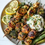 Lemon Moroccan Chicken Skewers with Minted Goat Cheese Yogurt