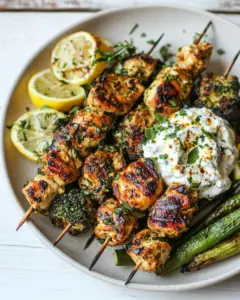 Lemon Moroccan Chicken Skewers with Minted Goat Cheese Yogurt